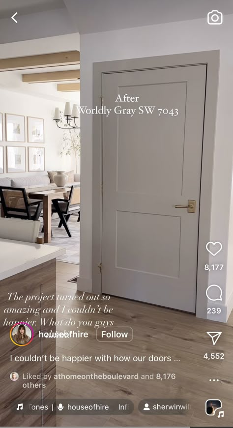 White Walls Grey Doors And Trim, Interior Paint Door Colors, Edgecomb Gray Doors, Grey Indoor Doors, White Walls Neutral Trim, Colored Doors And Trim Interior, White Walls Taupe Doors, Interior Hallway Door Colors, Painted Interior Doors And Trim