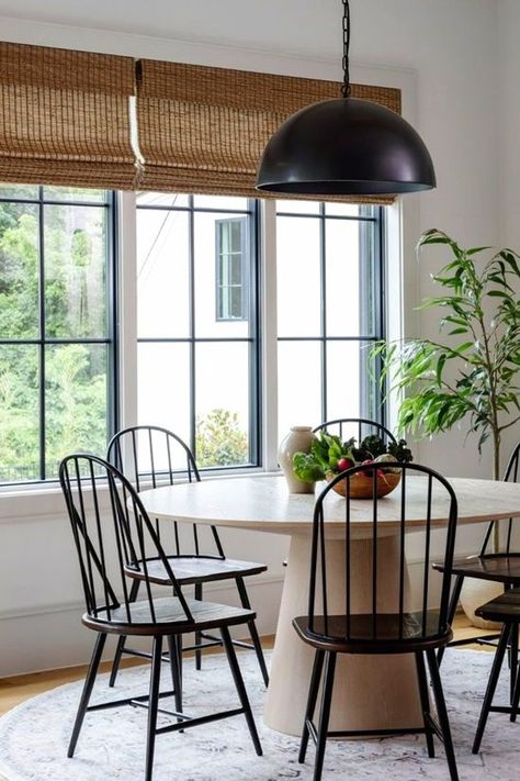 Roman Shades Large Windows, Dining Area Decor Ideas, Window Treatments For Large Windows, Roman Shades And Curtains, Curtains For Dining Room, Large Window Coverings, Kitchen Roman Shades, Transitional Window Treatments, Large Window Treatments