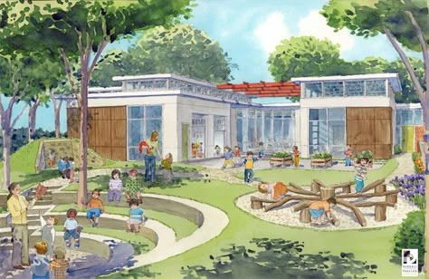 Rendering - Ahava Exterior School Playground Design, Classroom Architecture, Elementary School Architecture, Natural Playground Ideas, Preschool Designs, Landscape Architecture Plan, Outdoor Learning Spaces, School Building Design, Kindergarten Design