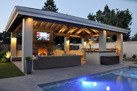 a Pavilion with Outdoor Kitchen - Farmhouse - Patio - San Francisco - by B. Gordon Builders, Inc. | Houzz Pool And Outdoor Kitchen Ideas, Tabletop Patio Heater, Covered Outdoor Kitchens, Pool Pavilion, Farmhouse Patio, Backyard Patio Ideas, Outdoor Patio Designs, Kitchen Design Layout, Outdoor Pavilion