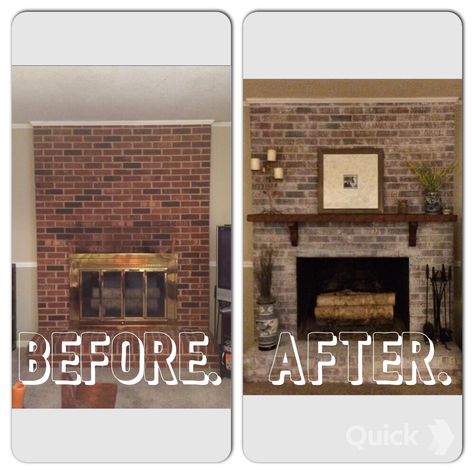 Before And After Brick Fireplace, Lighten Brick Fireplace, Before After Fireplace, Brick Fireplace Before And After, Whitewash Brick Fireplace Before After, Fireplace Before And After Brick, Painted Brick Fireplace Before And After, Red Brick Fireplace Decor, Ranch House Remodel Before And After