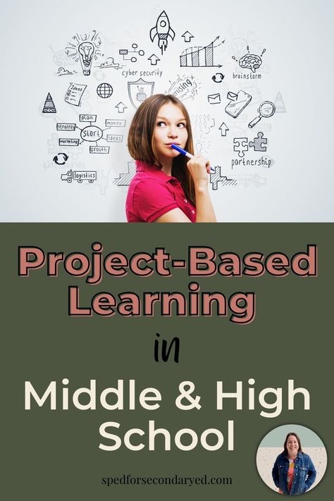 "Project-Based Learning in Middle & High School" with a picture of a girl holding a pen to her chin as though deep in thought. Hand drawn pictures are surrounding her head as though they are her thoughts, things such as a rocket ship, a globe, magnifying glass, etc. Project Based Learning High School, Project Based Learning Middle School, English Classroom Ideas, Academic Coach, Block Schedule, Inquiry Project, Pbl Projects, Geography Project, Teaching Us History