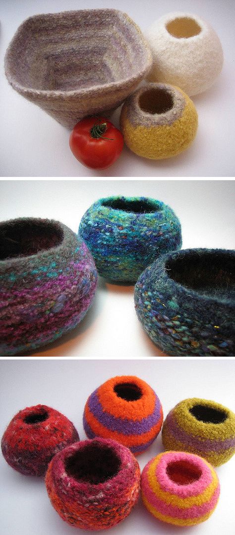 Knit Felting, Felted Bowls, Felted Crochet, Knit Basket, Wool Projects, Knitted Wit, How To Purl Knit, Small Containers, Yarn Projects