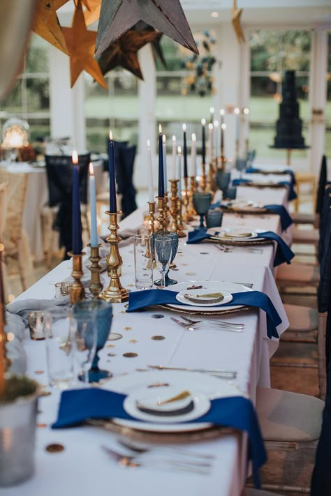 Celestial Wedding Theme, 21 Dinner, Dark Blue Wedding, Blue Gold Wedding, Stars Wedding, Starry Night Wedding, 21 Diner, Moon Wedding, Celestial Wedding