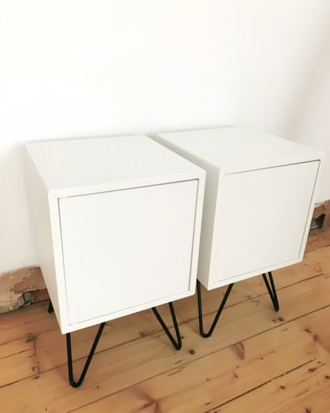 Ikea Hack - my first! Eket cabinet and hairpin legs. Ikea Eket Bedside Table, Ikea Eket Bedroom, Ikea Hacks Side Table, Ikea Fur, Patchwork Bathroom, Eket Ikea Hacks, Ikea Hack Side Table, Eket Ikea, Eket Cabinet