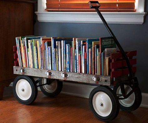 Love this wagon bookshelf! Such smart toy organization! Lots Of Books, Old Wagons, Home Libraries, Book Storage, Toy Organization, Recycled Crafts, Baby Boy Nurseries, Toy Boxes, Home Library