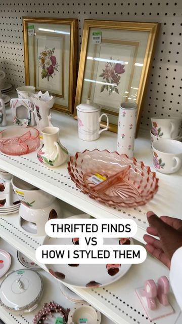 Elena | Home Decor on Instagram: "These thrift stores are going directly to JAIL for these insane prices!!! That pink dish was $15! For Nonna’s plates 🙄 Come on now. Anyway what was your best thrift score? I wanna know 👇🏾 #thriftstorefinds#thriftshop#thirftstore#diyhome#cozyhome#homedecor#interiordesign#interiorinspo#housebeautiful" Thrift Store Dishes, Thrifted Dishes Aesthetic, Thrifted Birthday Gift, Thrifted And Gifted, Thrifted Party Decor, Thrifted Dinnerware, Thrifted Kitchenware, Thrifted Vs Styled Decor, Thrifted Trinkets