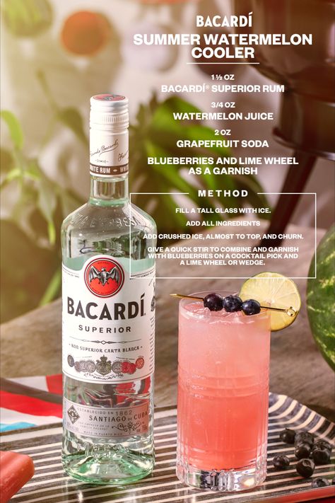 Raise the bar from your at-home bar with the BACARDÍ Summer Watermelon Cooler cocktail, now available at your nearest 4th of July BBQ. #DoWhatMovesYou #BacardíWatermelonCooler #Bacardí #Rum Cocktails With Bacardi Rum, Mixed Drinks With Bacardi, Bacardi Drinks Recipes Easy, Bacardi Cocktails Recipes, Cocktails With White Rum, Bacardi Drinks Recipes, Drinks With Bacardi, Bacardi Mixed Drinks, Bacardi Rum Drinks