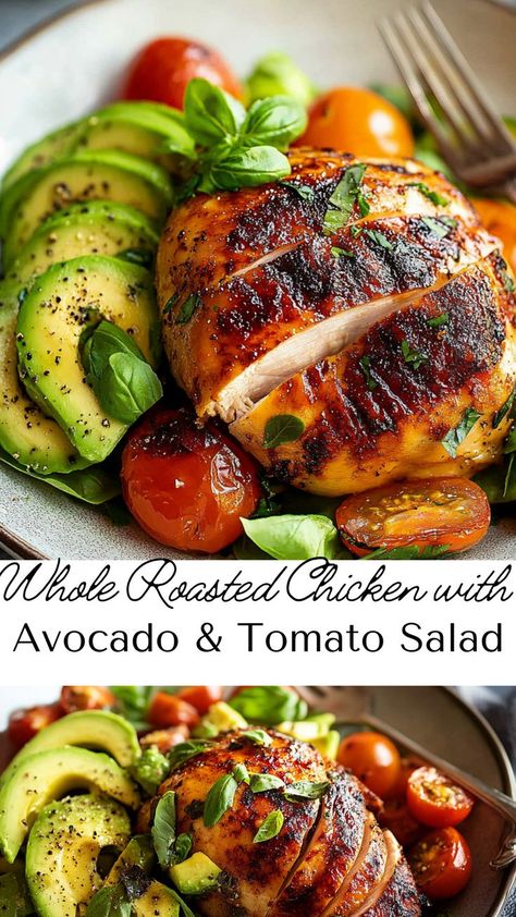 This roasted chicken with avocado tomato salad is the ideal combination of warm, comforting flavors and fresh, vibrant veggies. Perfect for fall dinners, this meal is easy to make and packed with protein, nutrients, and great taste. Recipes With Fresh Vegetables, Swedish Dinner Recipes, Lunch Ideas With Avocado, Meat And Veggie Meals, Chicken Avocado Tomato, Heart Healthy Meals, Chicken With Avocado, Avocado And Tomato, Fall Dinners