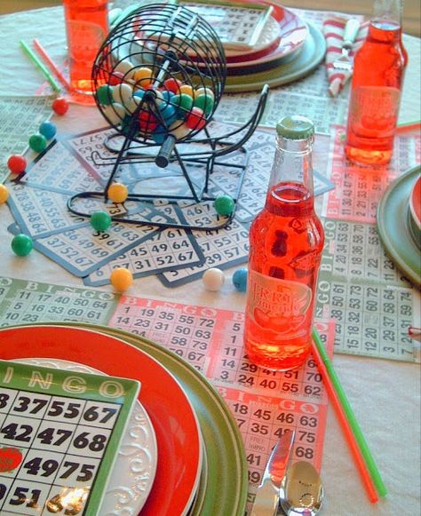 Candlelight Supper: Bingo Night Tablescape Bingo Night Aesthetic, Bingo Night Decorations, Bingo Party Food, Party Games Aesthetic, Bingo Party Decorations Ideas, Bingo Themed Party Ideas, Bingo Birthday Party Theme, Hosting Activities, Bingo Night Ideas