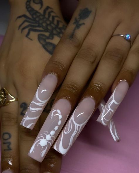 Acrylic Nail Designs Scorpio, Bday Nails Scorpio, Nails With Scorpio Sign, Scorpio Nails Acrylic Long, Scorpion Nails Acrylic, Scorpio Baddie Nails, Birthday Nails Coffin Scorpio, Cute October Birthday Nails, Birthday Nail Designs Scorpio