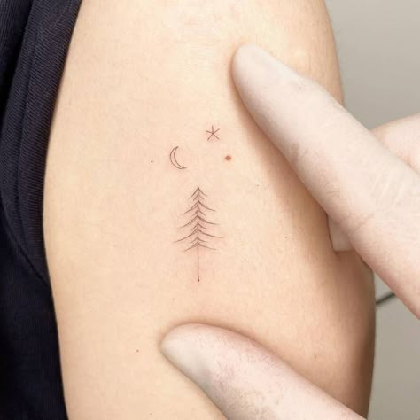 Pine Tree Tattoo Behind Ear, Pine Tattoo Minimalist, Sun And Pine Tree Tattoo, Forest Minimalist Tattoo, Pnw Small Tattoo, Fine Line Redwood Tree Tattoo, Single Line Pine Tree Tattoo, Forest Tattoos Simple, Best Friend Tree Tattoos