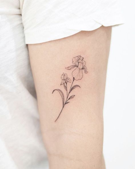 Poppy And Iris Flower Tattoo, Iris Flowers Drawing Tattoo Ideas, Blue Flag Iris Tattoo, Tattoo Of Iris Flower, Tattoo Ideas Iris Flower, Iris Minimalist Tattoo, Iris And Poppy Tattoo, Daffodil And Iris Tattoo, Iris And Daffodil Tattoo