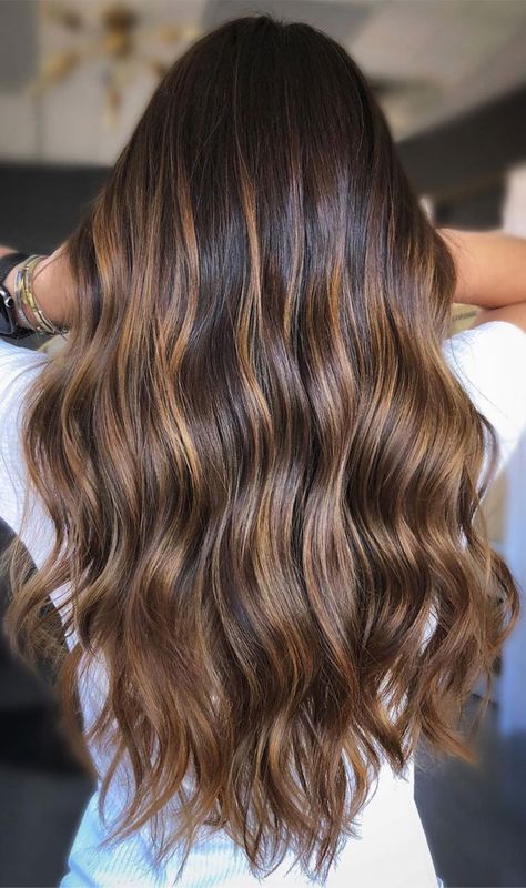 Hair Color Ideas For Dark Brunettes With Highlights, Dark Brown Hair With Caramel Babylights, Babylights Brunette Caramel, Carmel Hilights On Dark Hair, Trending Hair Color For 2020, Coffee Highlights Hair, Warm Blonde Balayage On Dark Hair, Coffee Balayage, Coffee Highlights