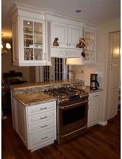 Can anyone show me a slide-in range in a peninsula or island? Small Space Kitchen Ideas, U Shaped Kitchen With Peninsula, Small Kitchens With Peninsulas, Pass Through Kitchen, Honey Oak Trim, Small Galley Kitchen Remodel, Kitchen Island With Cooktop, Kitchen Island With Stove, Island With Stove