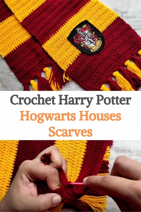 Hogwarts Scarves Crochet, Harry Potter Scarf Crochet Pattern Free, How To Crochet Harry Potter Scarf, Hogwarts Crochet Patterns Free, Harry Potter House Scarf Crochet, Crochet Harry Potter Scarf Pattern Free, Harry Potter Scarves Crochet, Hogwarts Crochet Scarf, Gryffindor Scarf Pattern