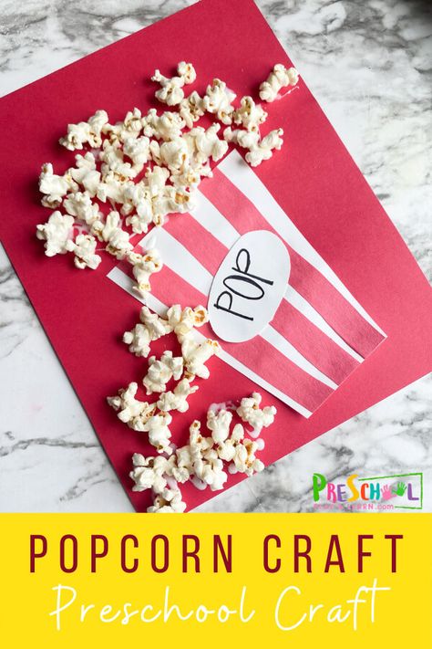 Carnival Crafts Preschool Art Projects, Letter P Popcorn Craft, Popcorn Projects For Kids, Popcorn Preschool Craft, Popcorn Art Preschool, Popping Into Kindergarten, Popcorn Craft Ideas, Movie Preschool Activities, Movie Crafts Preschool