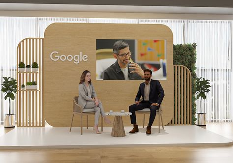 Tension Fabric Display, Google Stage Design, Wooden Booth Design, Event Stage Design Ideas Creative, Stage Conference Design, Conference Set Design, Panel Discussion Stage Design, Stage Design Conference, Panel Stage Design