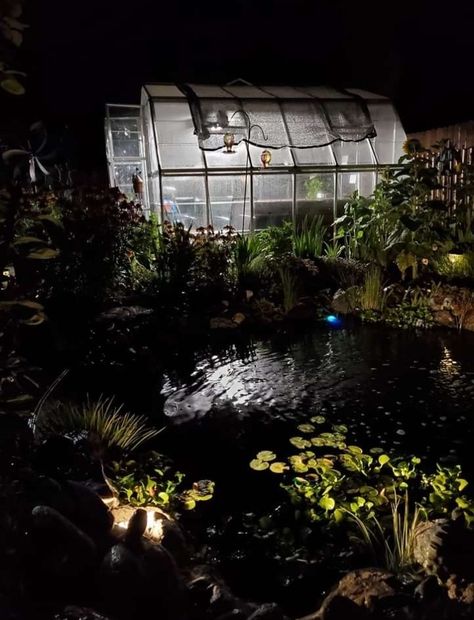 Pond and Greenhouse at night Greenhouse At Night, Places Aesthetic, Glass Greenhouse, Fantasy Places, Aesthetic Background, Green House, I Am Here, In A World, At Night