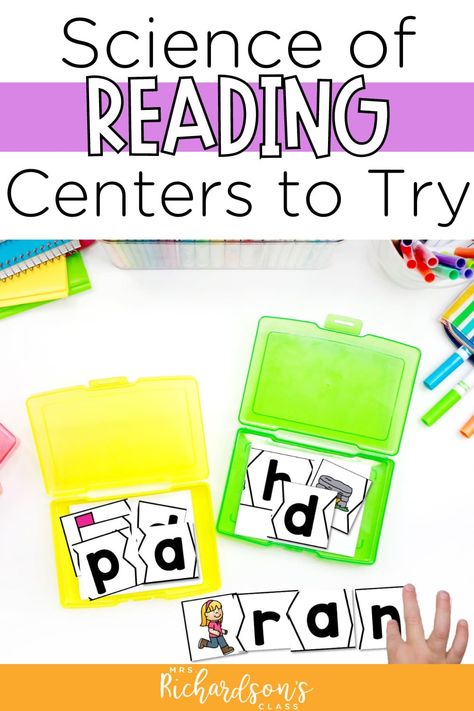 Looking to make your literacy centers even better? Let's get your literacy centers to align with the science of reading! With science of reading centers, you can help students build strong decoding skills, reading skills, and writing skills. I'm sharing ten science of reading centers activities that your students are sure to love. These science of reading centers are perfect for kindergarten, first grade, and 2nd grade. Check them out today! Guided Reading Centers First Grade, Hmh Reading 1st Grade, Science Of Reading First Grade Activities, Sor Centers 2nd Grade, Independent Reading Centers Kindergarten, Sor Kindergarten Centers, Ela Centers 1st Grade, Science Of Reading Centers First Grade, Hmh Into Reading First Grade