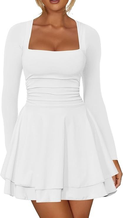 Amazon.com: Kaximil Women's Square Neck Ruffle Hem Mini Dress Ruched Waist Long Sleeve Corset Short Party Dresses, Medium, White : Clothing, Shoes & Jewelry Winter Outfits Cozy, White Dress Short, Long Sleeve Corset, Cute Winter Outfit, Trendy Winter Outfits, Outfit Aesthetics, Diy Acne, Natural Acne Remedies, Clear Glowing Skin