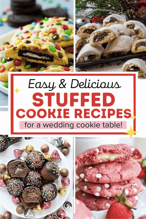 easy stuffed cookies for wedding cookie table Easy Stuffed Cookies, Frosting Stuffed Cookies, Candy Filled Cookies, Best Stuffed Cookie Recipes, Cookie Filling Ideas, Creative Cookies Recipes, Christmas Stuffed Cookies, Stuffed Gourmet Cookies, Stuffed Christmas Cookies