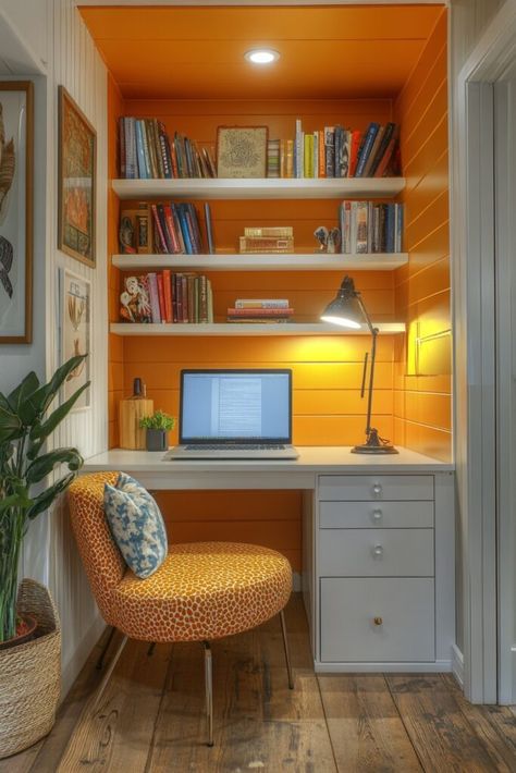 Hidden Niche Office Tiny Corner Office, Micro Office Ideas Small Spaces, Small Home Office Built Ins With Desk, Nook Desk Ideas, Small Basement Office Ideas No Windows, Micro Office Ideas, Study Nook Hallway, Tiny Closet Office, Mini Office Ideas Workspaces