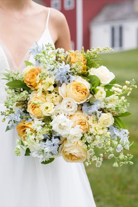 Yellow White Bouquet Wedding, Blue Hydrangea Yellow Rose Bouquet, Lemon Wedding Bouquet, Light Blue Yellow And Green Wedding, Pale Yellow And Blue Bridesmaid Dresses, Dusty Blue And Yellow Wedding Flowers, White Blue And Yellow Bouquet, Yellow Blue Bridesmaid Dresses, Blue White And Yellow Bouquets