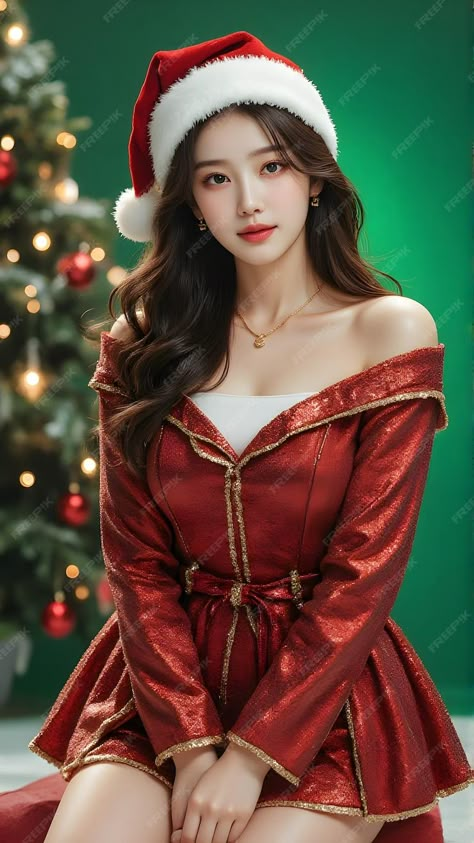 A woman in a red christmas dress with a santa hat on the front | Premium AI-generated image Casino Girl, Santa Girl, Kid Surprise, Red Season, Red Christmas Dress, Christmas China, Happy Xmas, Hottie Women, Profile Pic