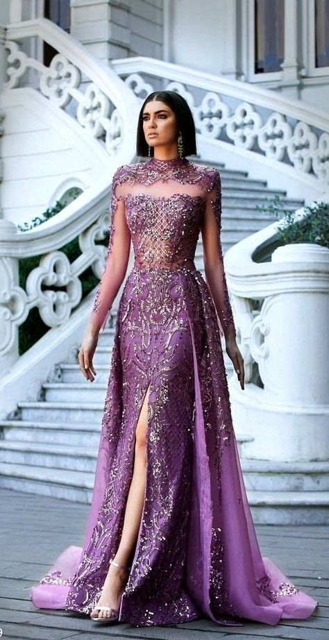 Purple Wedding Dress For The Bride, Evening Dresses With Long Sleeves, Blue Wedding Dresses With Sleeves, Elegant Evening Gowns Stunning Dresses, Lavender Gowns Elegant, Gorgeous Dresses Classy, Lilac Evening Gown, Unique Evening Gowns, Pink Elegant Dress