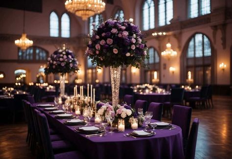 Elevate your wedding decor with enchanting purple and black wedding ideas! Dive into a world of elegance where black table settings meet lush purple flowers, creating a gothic-inspired ambiance. Picture elegant centerpieces gracing the tables alongside candlelit warmth and vintage charm. Imagine bridesmaids in stunning purple dresses complementing groomsmen in classic black tuxedos. Explore how purple lighting highlights every detail, from the mesmerizing floral arrangements to the intricate ... Purple And Black Wedding Table Decor, Elegant Purple Wedding Decor, Wedding Purple Decorations, Purple Table Cloth Wedding, Black And Purple Table Decor, Royal Purple And White Wedding, Purple Black And White Wedding Ideas, Purple And Gold Wedding Centerpieces, Black Gold And Purple Wedding