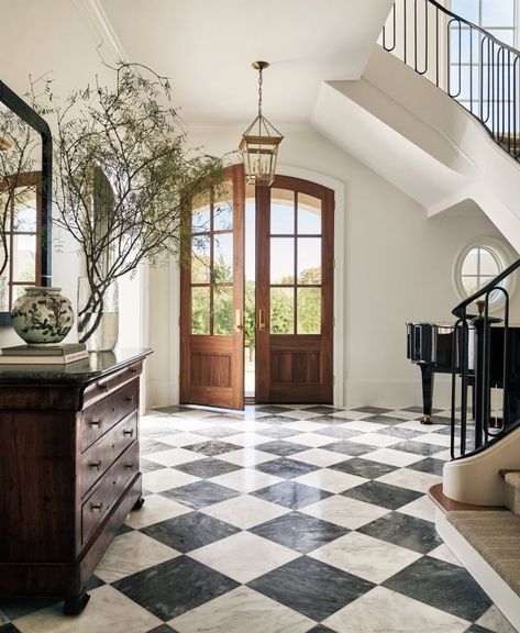 Autumn Entryway, Marble Entryway, Checkered Tile, Entryway Designs, Traditional Entryway, Foyer Flooring, Luxe Interiors, Tile Flooring, Entry Foyer