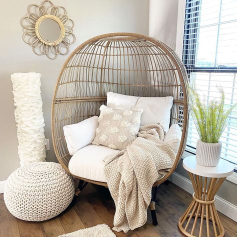 Wicker Egg Chair, Oversized Indoor Outdoor Lounger for Patio, Backyard, Living Room w/ 4 Cushions, Steel Frame, 440lb Capacity - Ivory Egg Wicker Chair, Egg Chairs In Living Room, Living Room Wicker Chair, Indoor Egg Chair Decor, Wicker Chair In Living Room, Cosy Bedroom Chair, Egg Chair Decoration Ideas, Egg Chair Bedroom, Egg Chair Decor