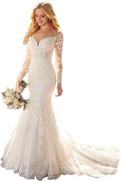 Amazon.com: Cadoly Mermaid Wedding Dresses for Bride 2024 Long Tulle Lace Appliques White Boho Bridal Gown with Sleeves : Clothing, Shoes & Jewelry Amazon Wedding Dress, Country Bridal Gown, Bride 2024, Wedding Dress For Bride, Elegant Wedding Gown, Beach Bridal Dresses, Amazon Wedding, Wedding Dress Suit, Dresses For Bride