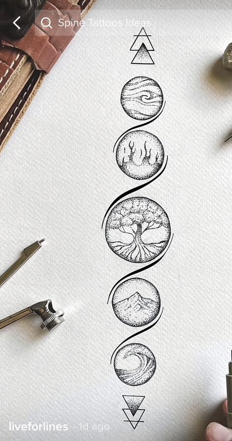 Nature Elements Tattoo, Four Elements Tattoo Symbols, Elements Tattoo Ideas, Element Tattoo Ideas Symbols, Five Elements Tattoo, Element Tattoo Ideas, Earth Element Tattoo, Tattoos Line Work, Chakra Tattoo Ideas