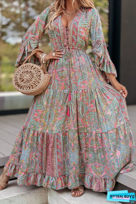 Buy Green Paisley Printed Ruffle Trim Elegant Maxi Dress at BestDealBuys. Tied Maxi Dress, Beautiful Long Dresses, Green Paisley, Elegant Maxi Dress, Maxi Dress Green, Winter Mode, Paisley Design, Printed Maxi, Paisley Pattern