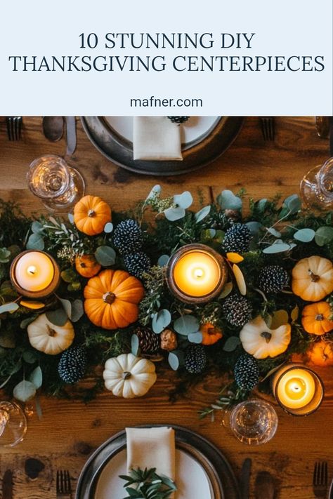 DIY Thanksgiving centerpieces to beautify your holiday table with natural and festive elements. Decorating Table For Thanksgiving, Cheap Thanksgiving Table Settings, Thanksgiving Table Design, Diy Thanksgiving Centerpieces, Outdoor Thanksgiving, Simple Decorations, Fall Centerpieces, Diy Thanksgiving, Thanksgiving Table Settings