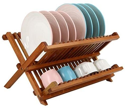 Teak Dish Drainer Rack Collapsible 2 Tier Dish Rack Dish Drying Rack Plate Holder for Kitchen Compact Foldable #kitchen #household Wooden Dish Rack, Wooden Drying Rack, Organiser Cucina, Plate Organizer, Bamboo Dishes, Drying Rack Kitchen, Wood Dishes, Kitchen Sink Storage, Wooden Dishes