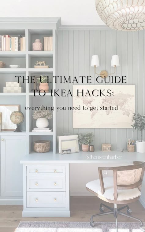 Diy Bookshelf Wall With Desk, Diy Built In Desk And Shelves, Desk Between Bookcases, Built In Desks And Shelves, Ikea Office Hack, Built In Desk And Shelves, Ikea Home Office, Billy Ikea, Bookcase Hack