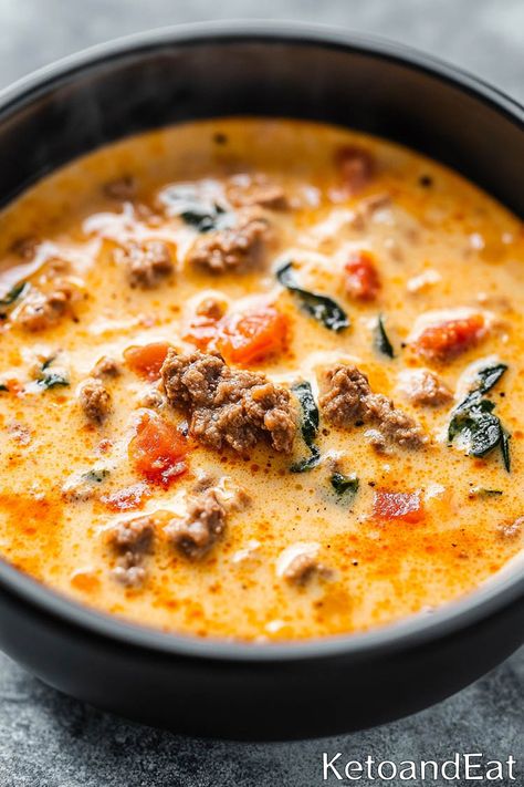 Keto Tuscan Soup - Easy Low Carb Soup Recipe Best Keto Soups Ever, Paleo Soup Instant Pot, Low Carb Tuscan Zuppa Soup, Keto Lasagna Soup Recipes, No Carb Soups Keto, Keto Taco Soup Instant Pot, Atkins Soup Recipes, Low Carb Italian Sausage Soup, No Cream Soup Recipes