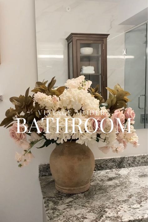 Vintage Modern Bathroom, Hydrangea Vase, Cement Vase, Home Decor 2023, Faux Hydrangea, Decor 2023, Finding My Style, Modern Bathroom Decor, White Hydrangea