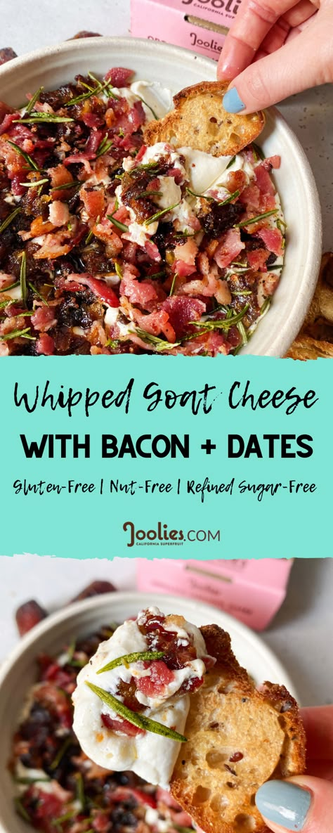 Dates Appetizer, Whipped Goat Cheese Dip, Date Recipe, Goat Cheese Spread, Bacon Dates, Crumbled Goat Cheese, Goat Cheese Dip, Appetizer Platter, Whipped Goat Cheese