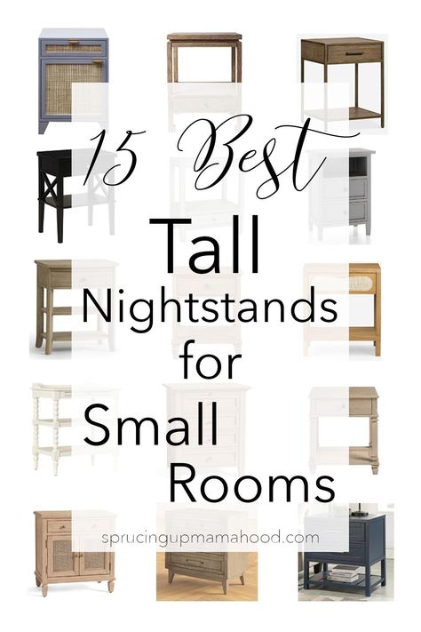 A round-up of the best 15 Tall Nightstand Ideas for Small Rooms #bedroomfurniture #nightstandoptions #smallbedrooms #narrownightstands Small Bedroom End Tables, Small Night Stands Bedside Tables, Nightstand In Living Room, 30” Nightstand, Small Bedroom Nightstands, Small Space Bedside Table Ideas, Nightstand Ideas For Small Spaces, Tall Nightstand Ideas Diy, Nightstand For Tall Bed