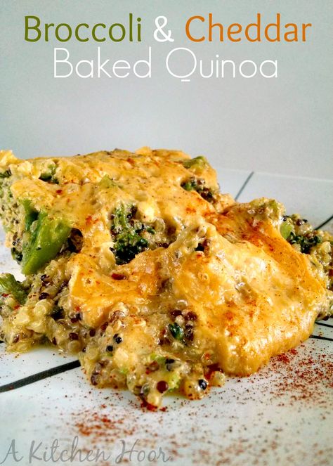 Broccoli & Cheddar Baked Quinoa Broccoli Cheddar Quinoa, Cherry Mash Candy, Cherry Mash, Recipes With Veggies, Baked Quinoa, Quinoa Broccoli, Quinoa Casserole, Gf Food, Recipes Quinoa