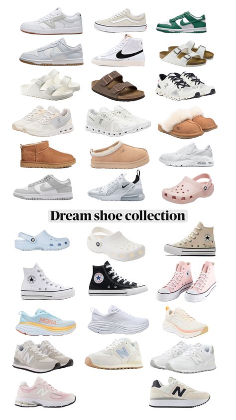 My dream shoe collection collage with nikes, uggs, hokas, on clouds, vans, converses, new balances, crocs, and birkenstocks Nike Shoes Must Have, Teen Girl Shoes 2024, Shoes To Ask For For Christmas, Shoes For Girls Aesthetic, Rating My Moms Shoes, Popular Shoes For Teen Girls, Christmas List Ideas Shoes, Must Need Shoes, Shoes You Should Get