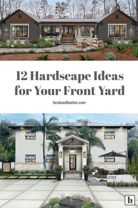 Front Yard With Seating Area, Front House Seating Area, Front Yard Wall Ideas, No Lawn Front Yard Landscaping, Front Yard Seating Area Ideas, Small Red Brick House, Front Yard Hardscape Ideas, Yard Hardscape Ideas, Front Yard Seating Area