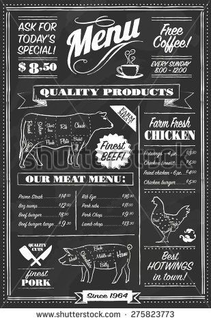 Chalkboard Restaurant, Chalk Menu, Menu Board Design, Chalkboard Vector, Bbq Menu, Vintage Chalkboard, Chalkboard Lettering, Meat Shop, Chalk Lettering