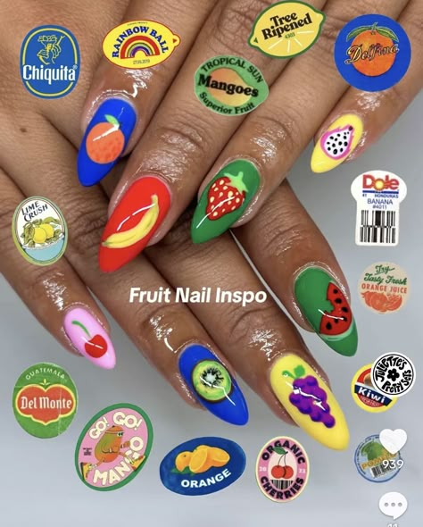 Fruit And Veggie Nails, Novelty Nail Designs, Funky Nails Ideas Simple, Food Themed Nails, Random Nail Art, Weird Girl Nails, Pickle Nails, Kid Core Nails, Cereal Nails