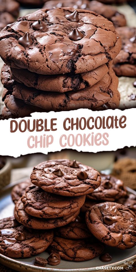 Aldi Chocolate Chip Cookie Recipe, Soft Double Chocolate Chip Cookies, Double Chocolate Chocolate Chip Cookies, Chocolate Cookies With Chocolate Chips, Choc Choc Chip Cookies, Double Chocolate Chip Brownies, Chewy Double Chocolate Cookies, Double Chocolate Fudge Cookies, Things To Bake With Chocolate Chips