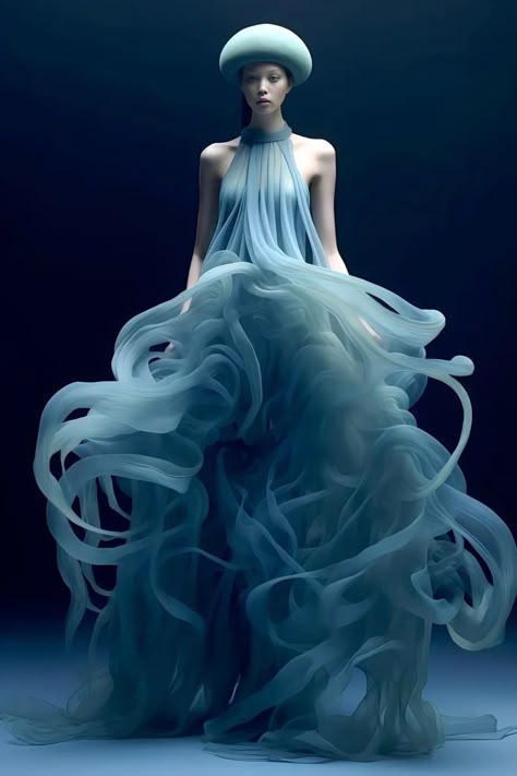 Sea Inspired Fashion, Haute Couture Looks, Crazy Dresses, Fashion Dresses Formal, Water Movement, Conceptual Fashion, Iris Van Herpen, Layered Fashion, Jelly Fish